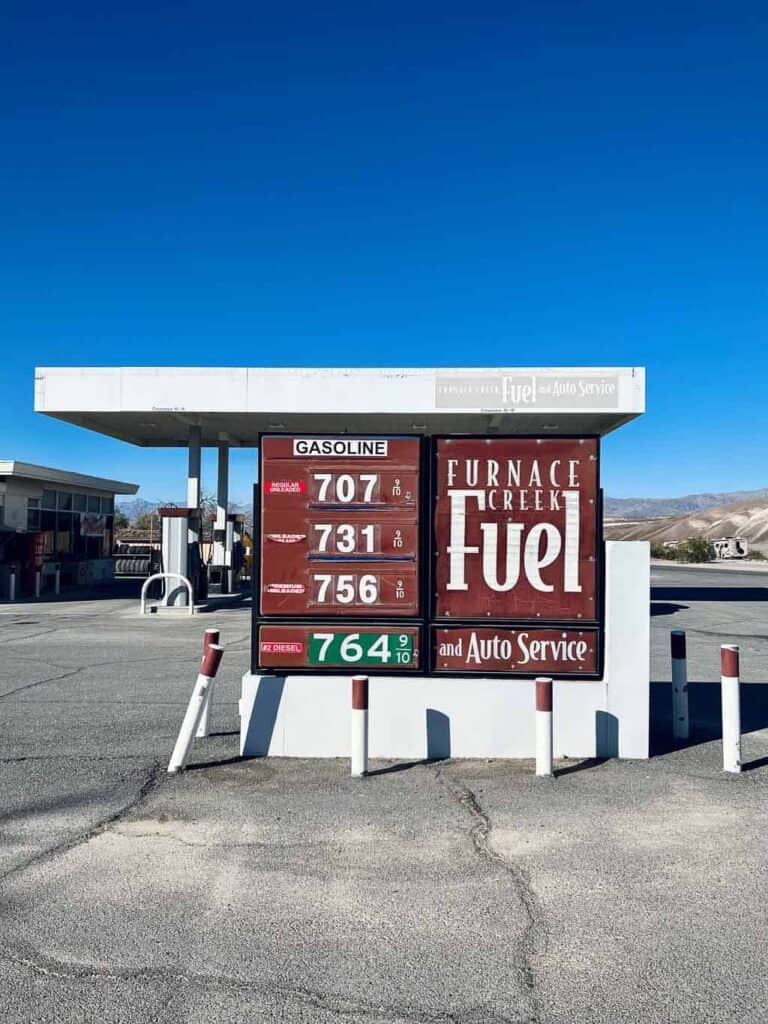 high fuel prices at furnace creek death valley national park which you can avoid by using Gasbuddy, one of the best travel apps for road trips