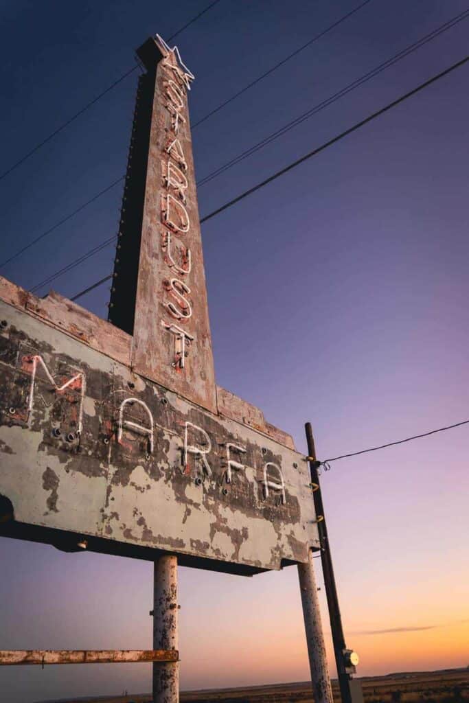 Welcome to Marfa Neon Sign at Sunset