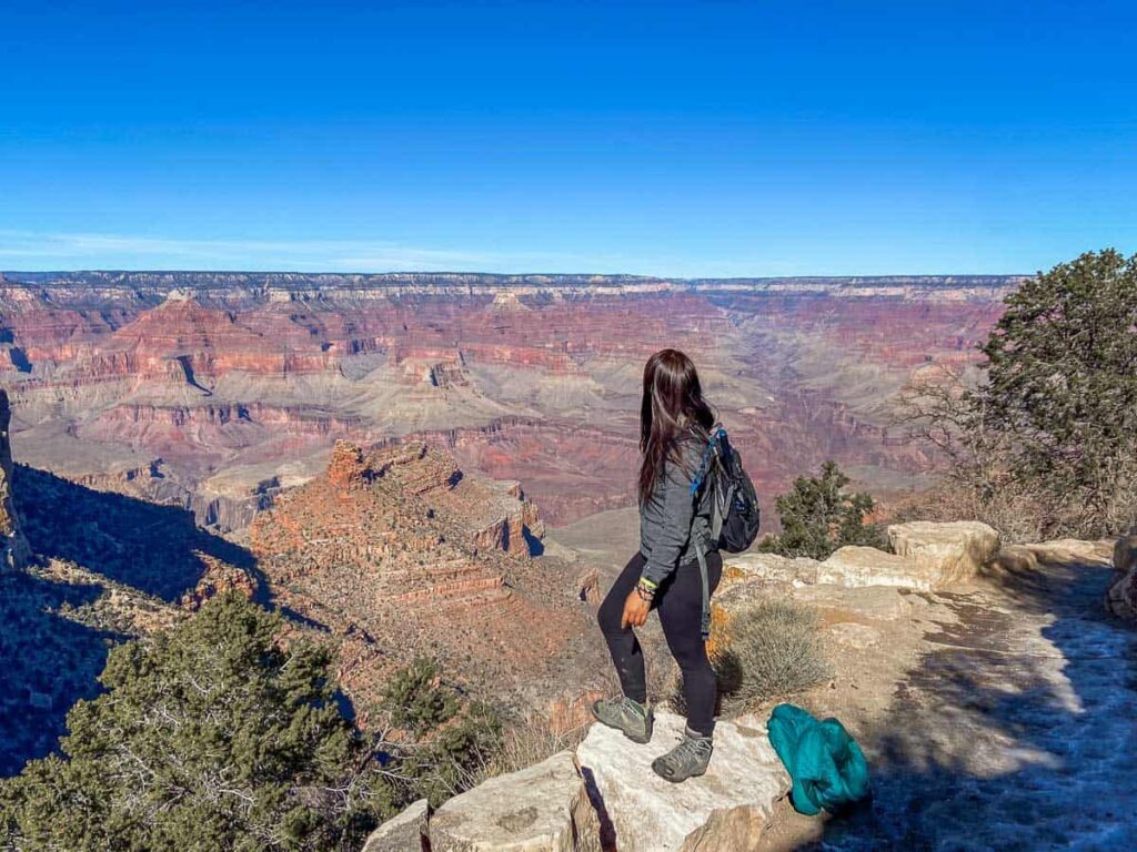 day trip nomad hiking in the grand canyon on the bright angel trail in the winter