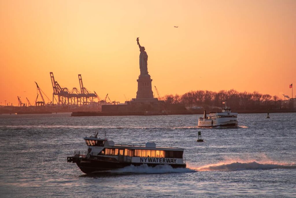 Statue of Liberty from the Staten Ferry at sunset