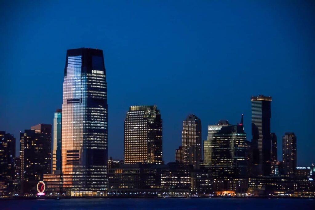 new york city skyline of the financial district with the last of the sunset