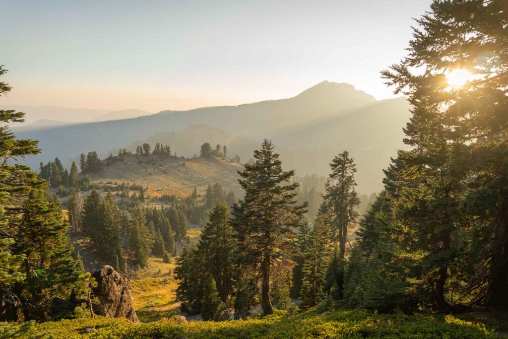 panoromac landscape of golden hour with light streaks through trees in the best time to visit lassen volcanic national park