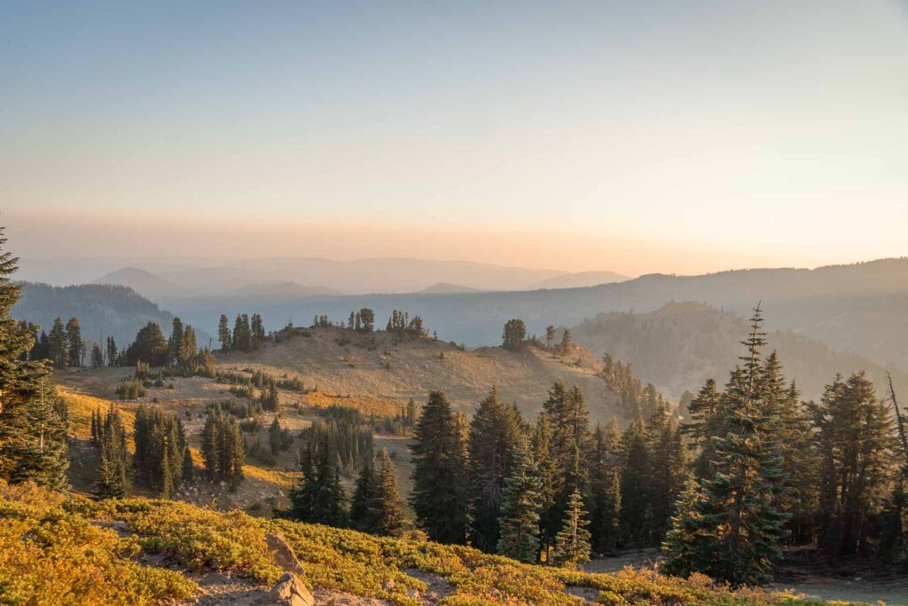 panoromaic landscape of golden hour in lassen volcanic national park