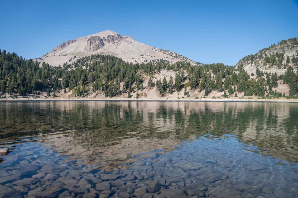 the clear waters with lassen peak in the background at lake helen