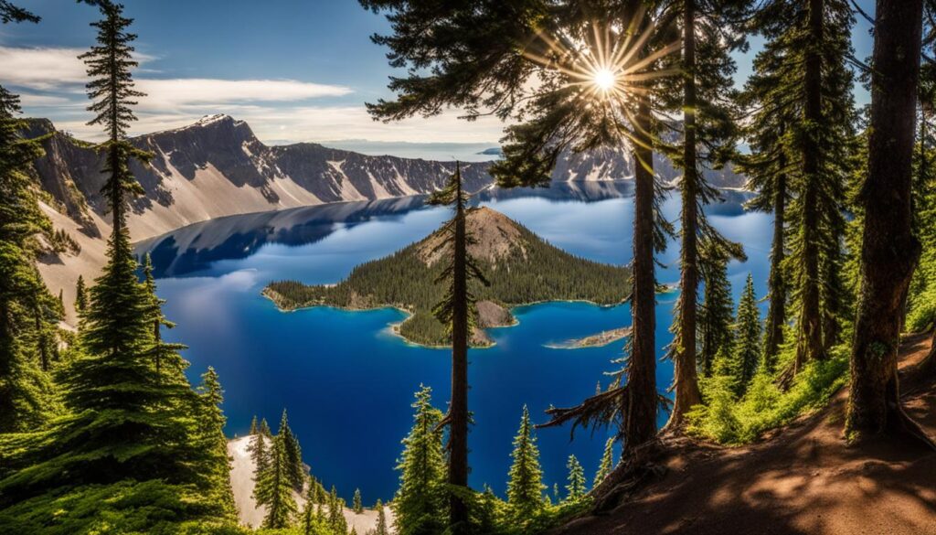 Crater Lake with the summer sunset light shining through the trees, one of the best time to visit crater lake national park