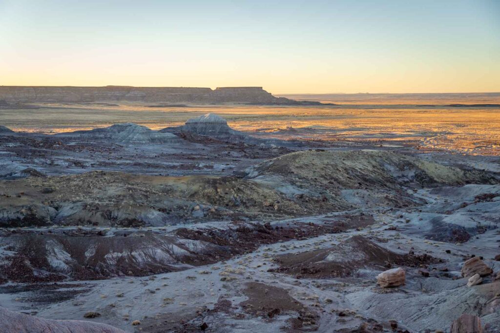 wide views of the arizona desert nera petrified national park with a canyon behind