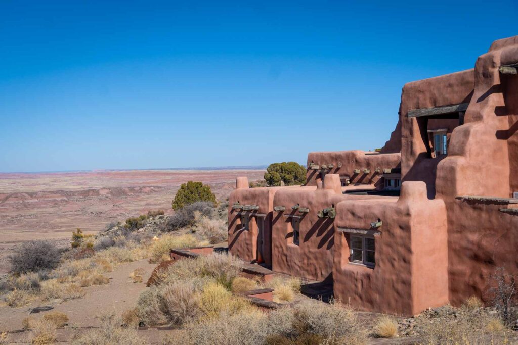 side view of painted desert inn with the painted desert views in the background