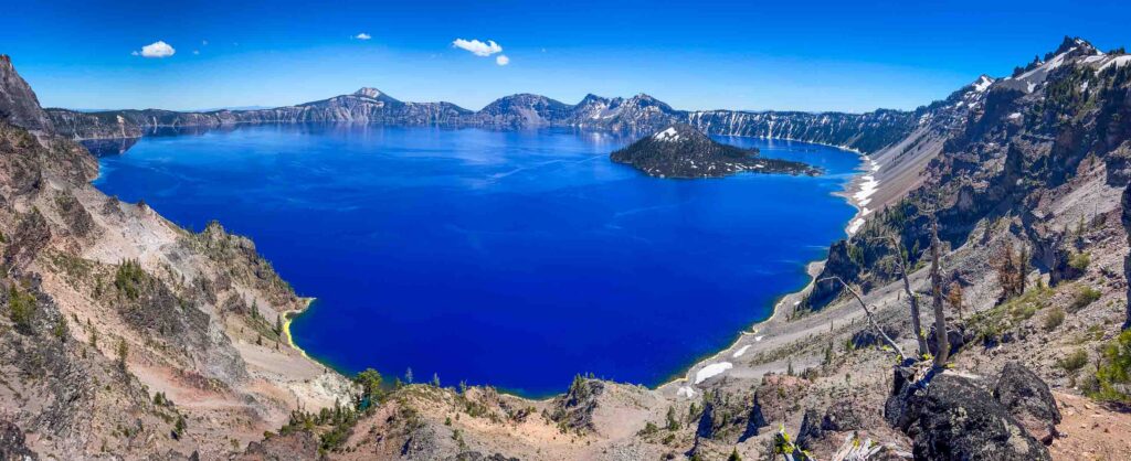 panorama of crater lake with wizard lake in the center