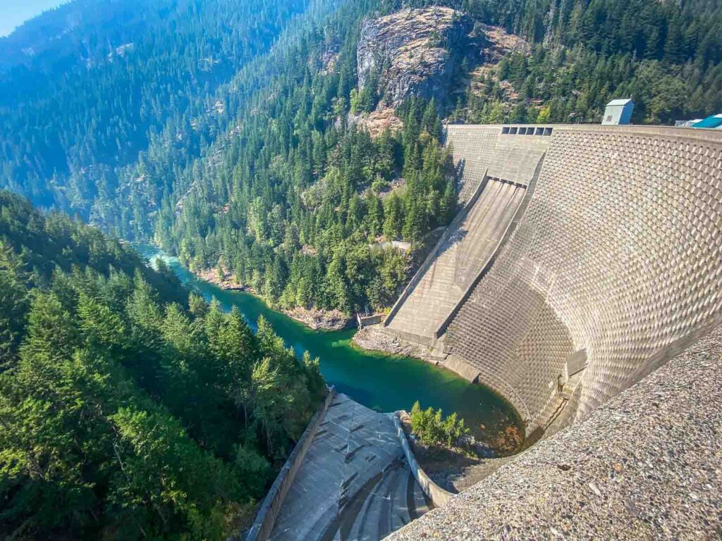 the ross dam wide angle from the top of the dam after a hike