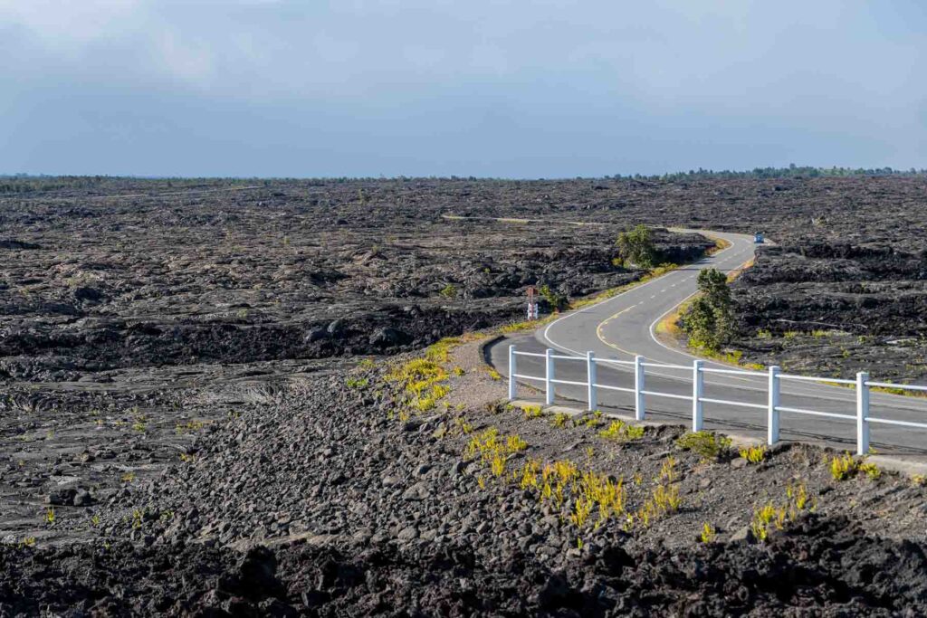 the chain of craters road running through the devastated lava field expanse on a one day in volcano national park itinerary
