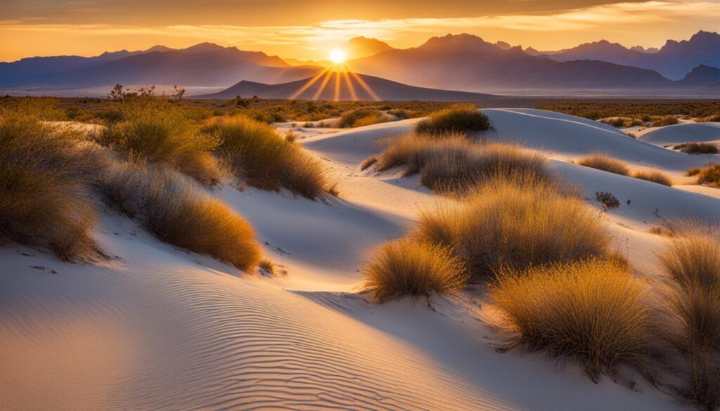 A winding trail cutting through the rippling sand dunes of White Sands National Park, with the sun setting in the distance and casting a warm, golden glow over the landscape. 