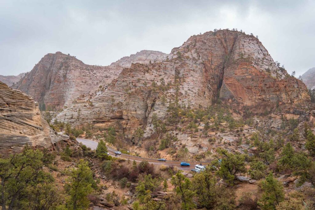 the red rocks of zion in a snowy winter haze