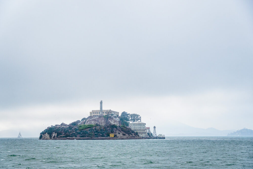 Alcatraz island from faraway on a foggy day