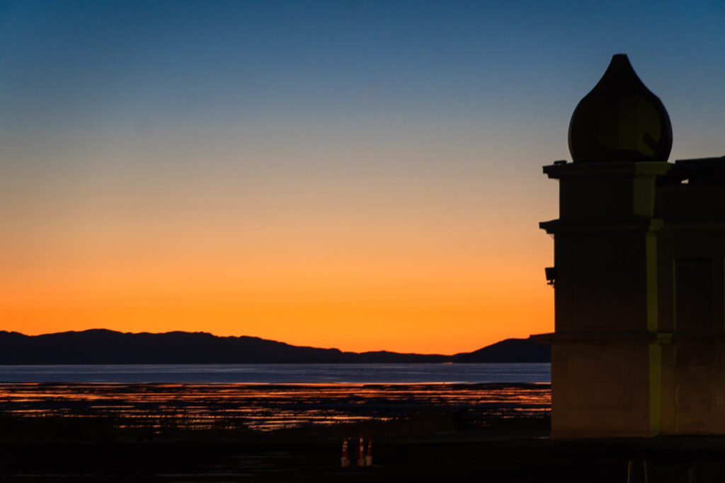 the saltair in front of a great salt lake sunset