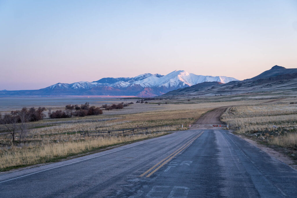 road during sunset at antelope island near salt lake city