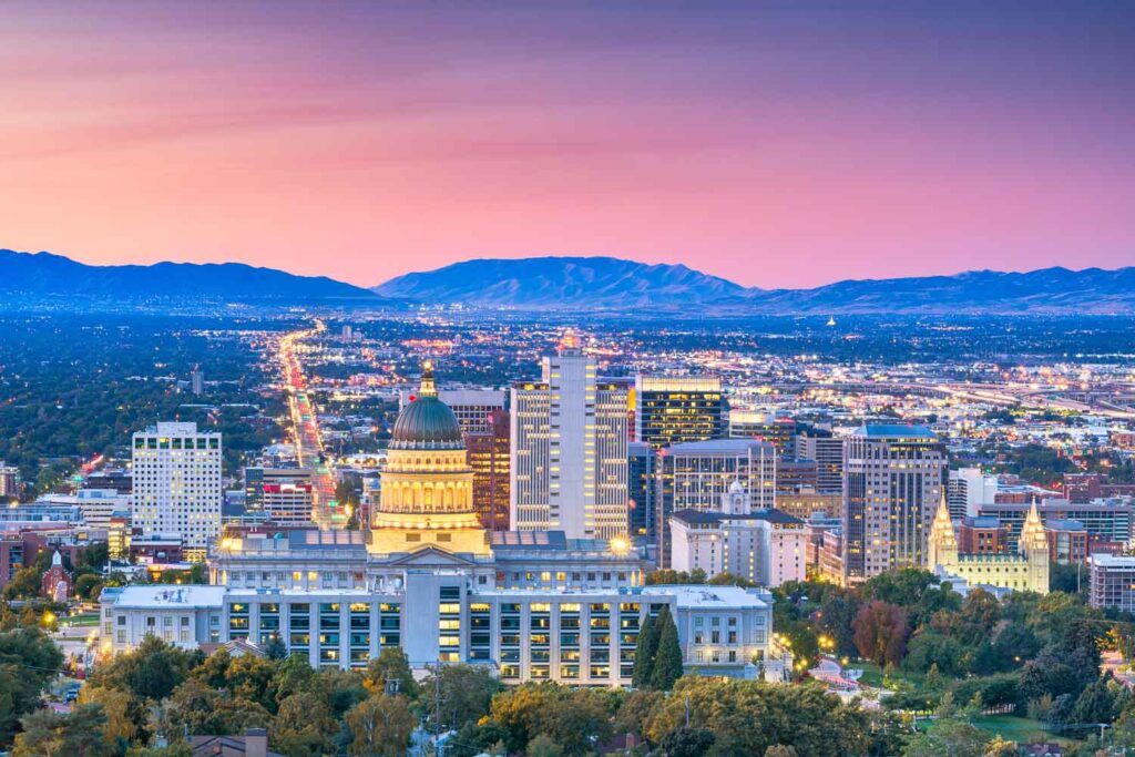 Salt Lake City, Utah, USA downtown city skyline at dusk.