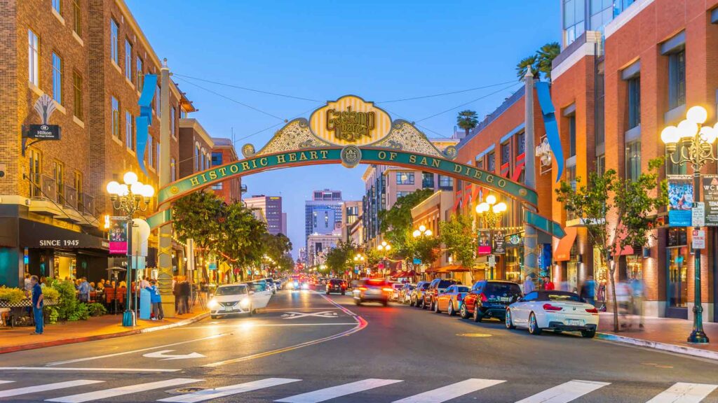 The arches of the Gaslamp Quarter is a must on a one day in San Diego itinerary.