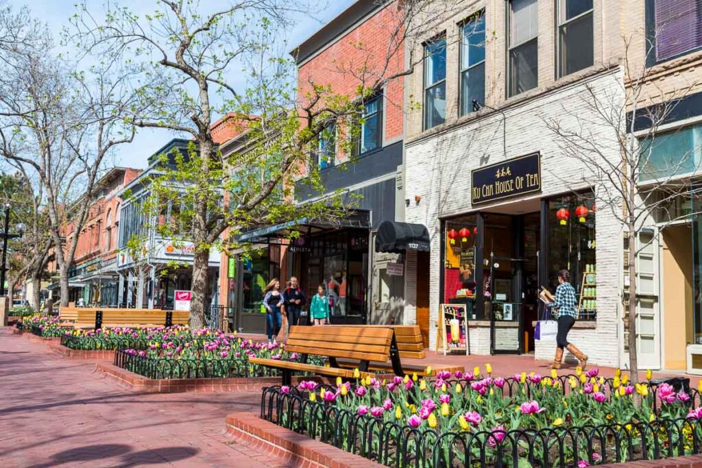 Pearl Street Mall during tulip bloom in early Spring.