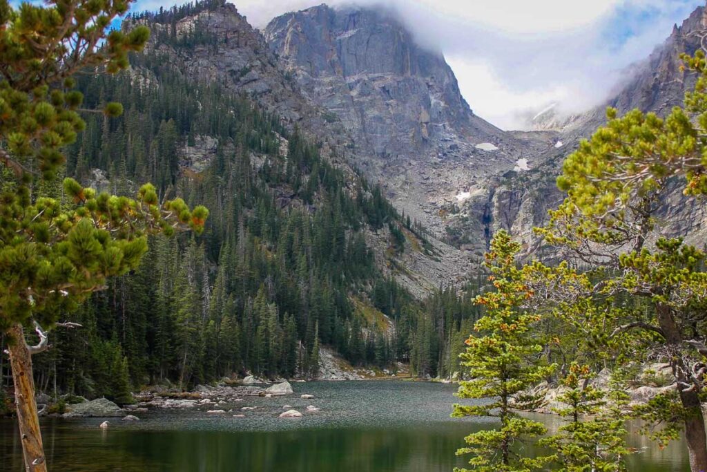 Dream Lake landscape framed by alpine pine trees