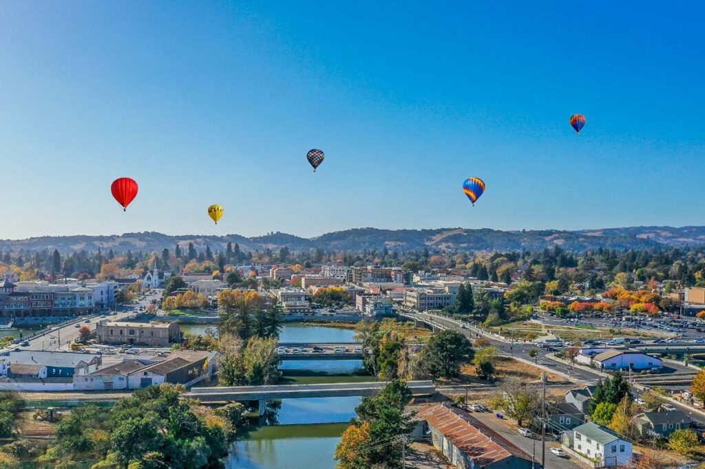 Hot air balloons over Napa downtown