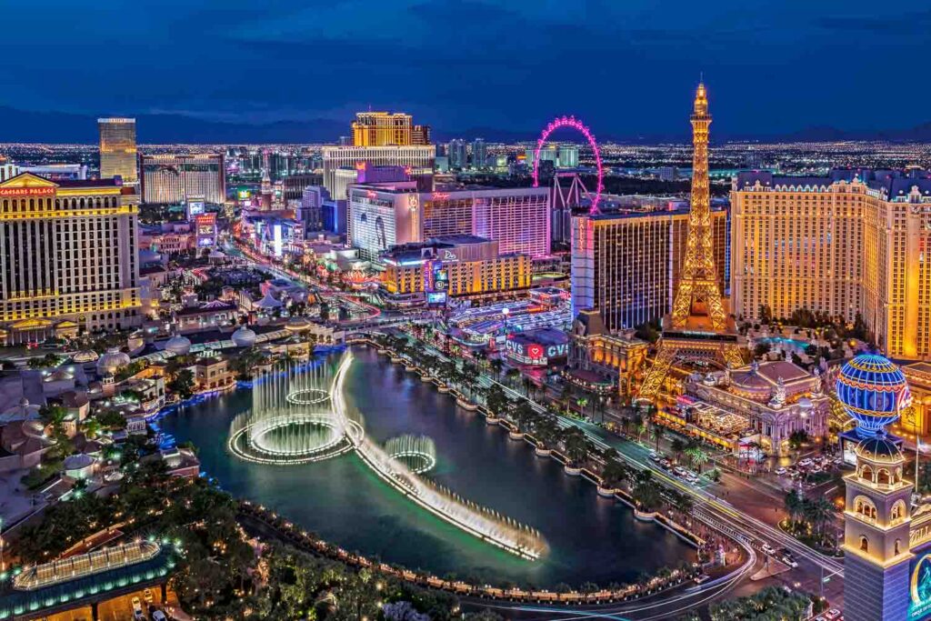 Aerial shot of the Las Vegas Strip with the neon lights