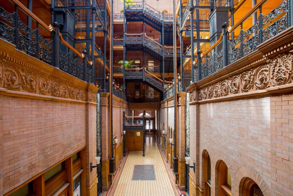 The iconic art deco interior of the Bradbury Building in Downtown Los Angeles