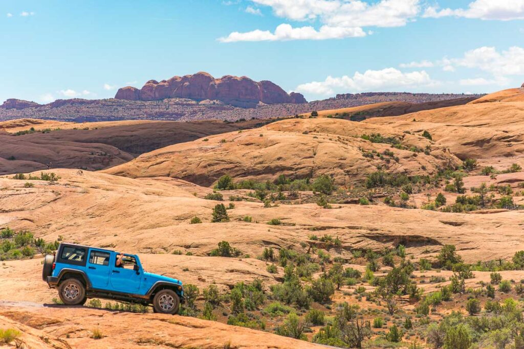 Off road vehicle views of Moab Utah trails on bright sunny days