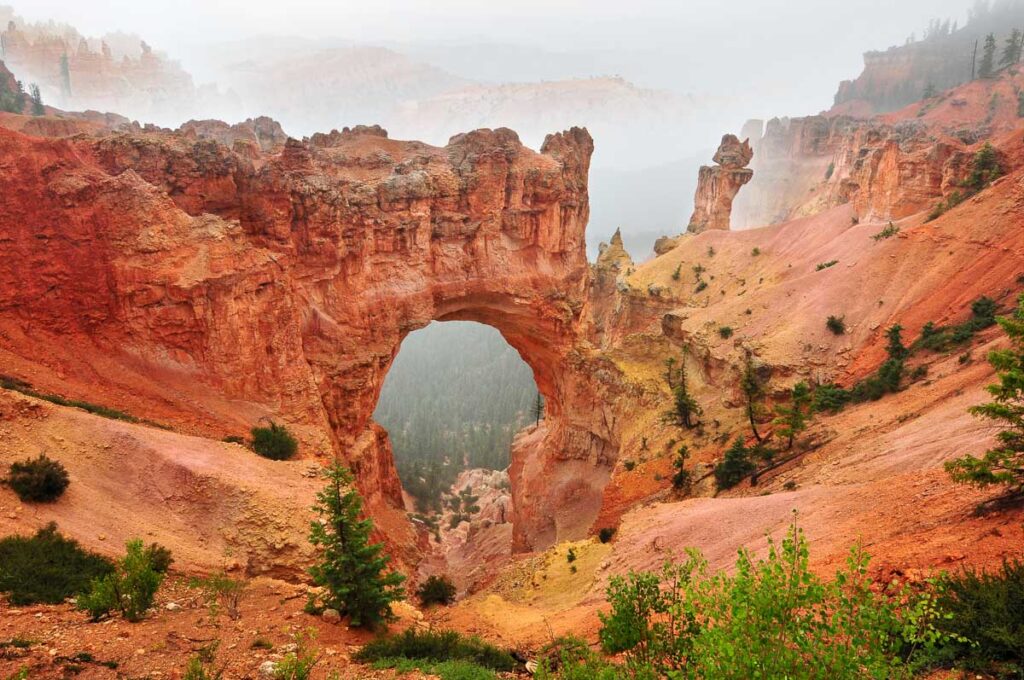 Natural Bridge Bryce Canyon on a foggy day