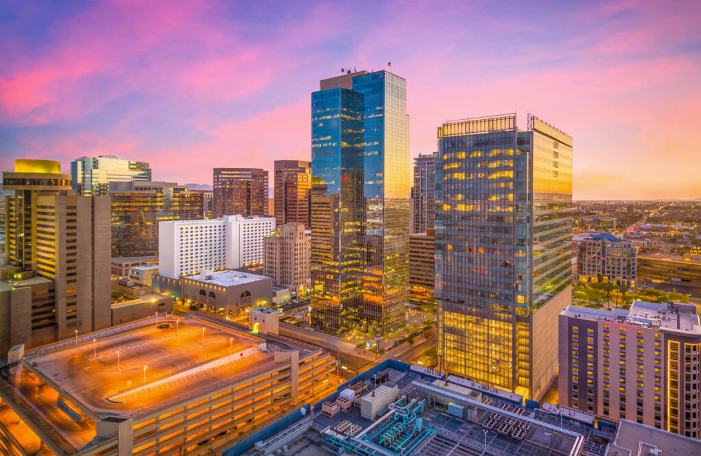 Phoenix, Arizona, USA cityscape in downtown at sunset.