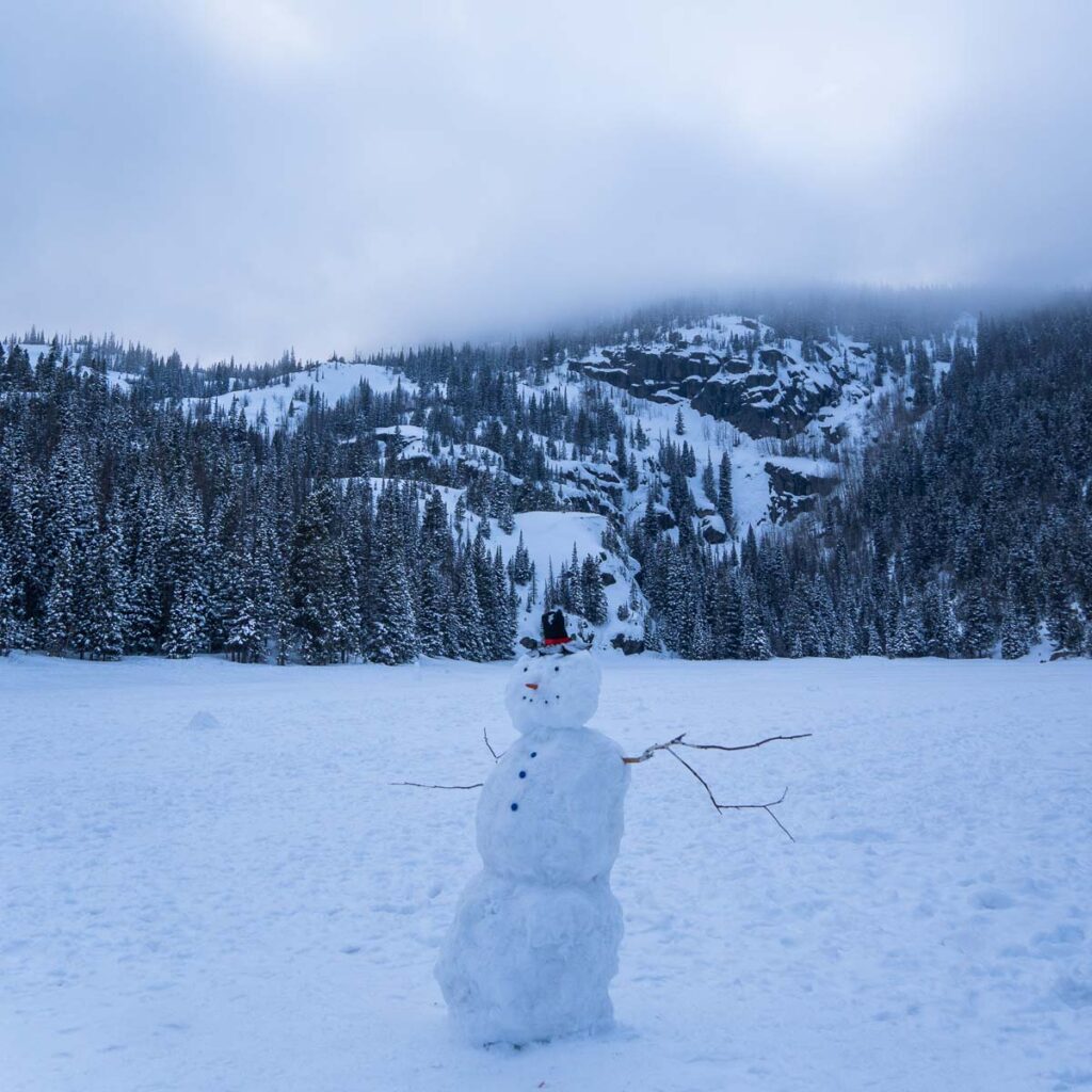 A snowman in the winter wonderland of Rocky Mountain national park
