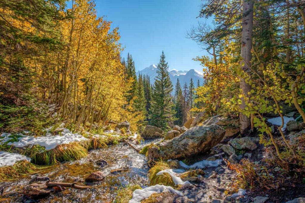 Season changing, first snow and autumn aspen trees in Rocky Mountain National Park, Colorado, USA.