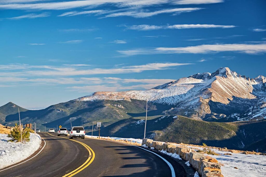 Highway in alpine tundra. Rocky Mountain National Park in Colora