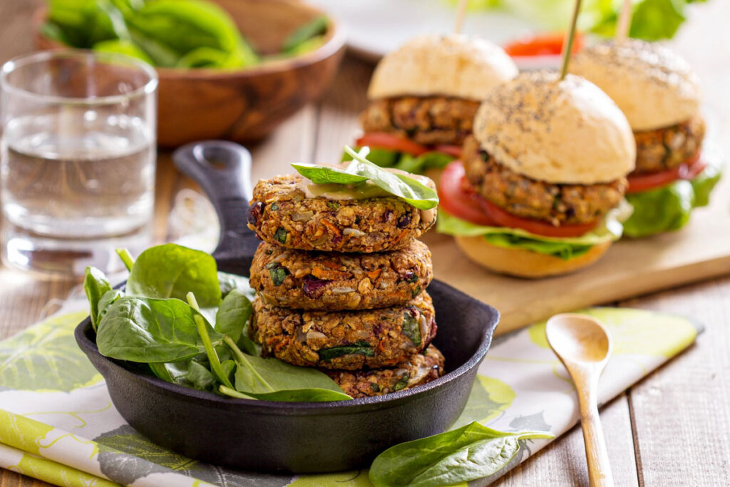 Vegan burger plating on table