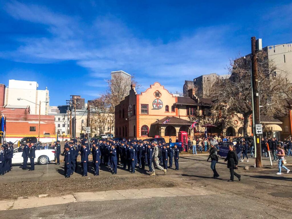 Denver military parade in front of a craft brewery