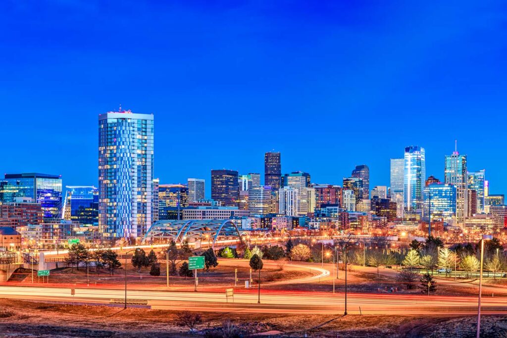 Denver, Colorado, USA downtown city skyline at night.