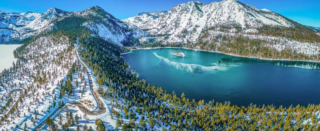 Lake Tahoe California. Emerald Bay. Winter Panorama from one of the Lake Tahoe helicopter tours.