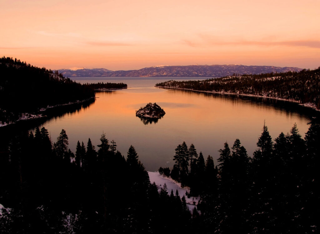 Sunset silhouette of viewpoint of Lake Tahoe from Emerald Bay