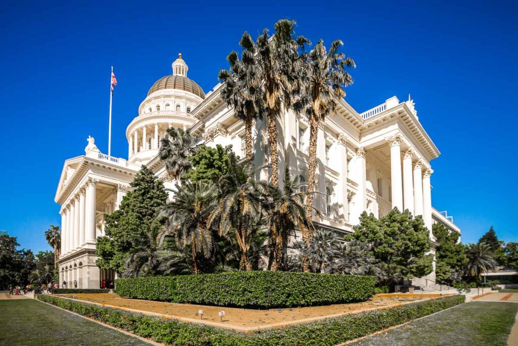 cacti and street views of the Capitol building on a day trip to Sacramento