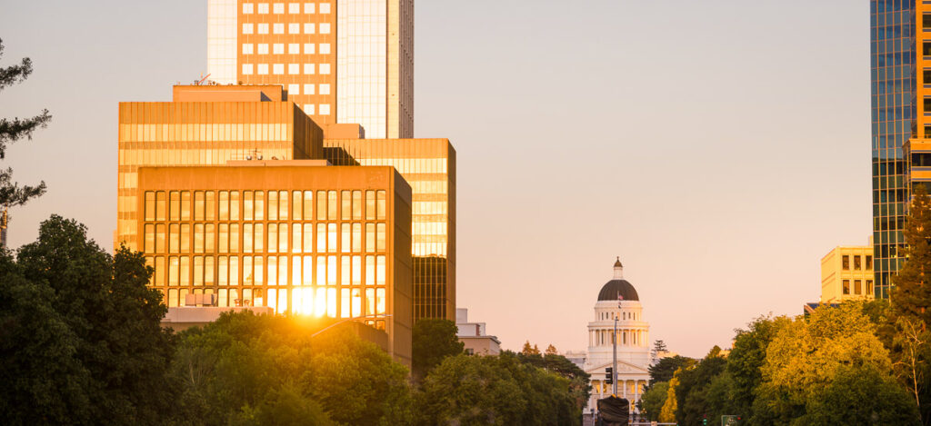 The sun lights up glass on the downtown Sacramento Skyline