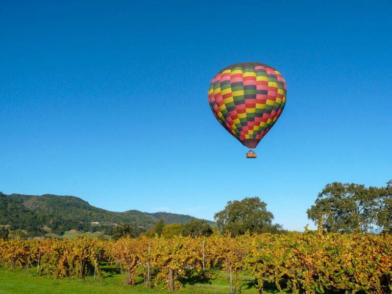 Rainbow colored hot air balloon flying over vineyards