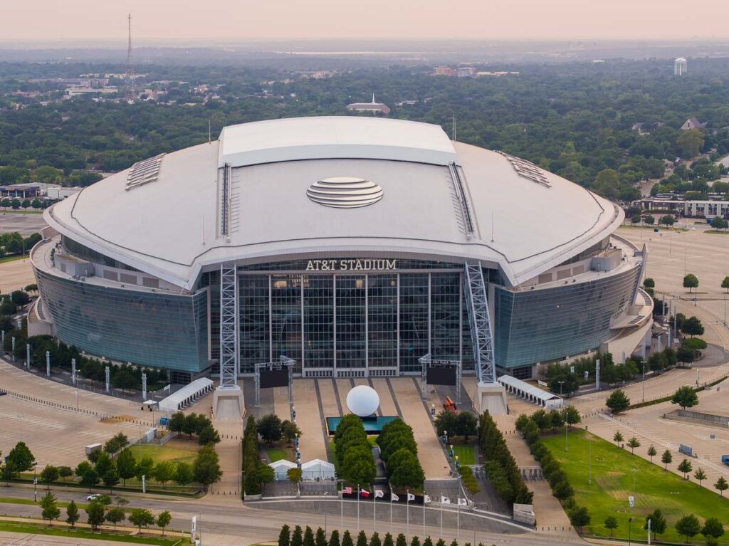 Aerial drone image of ATNT Stadium Arlington Texas USA, one of the closest day trips from Dallas