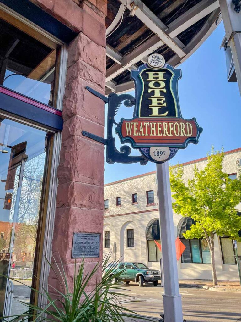 Sign to the historic Weatherford Hotel in Flagstaff, Arizona