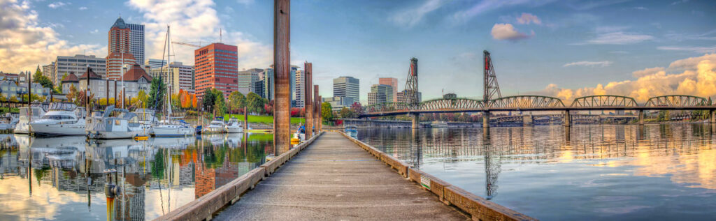 Marina along Willamette River in Portland Oregon Downtown Waterfront Panorama