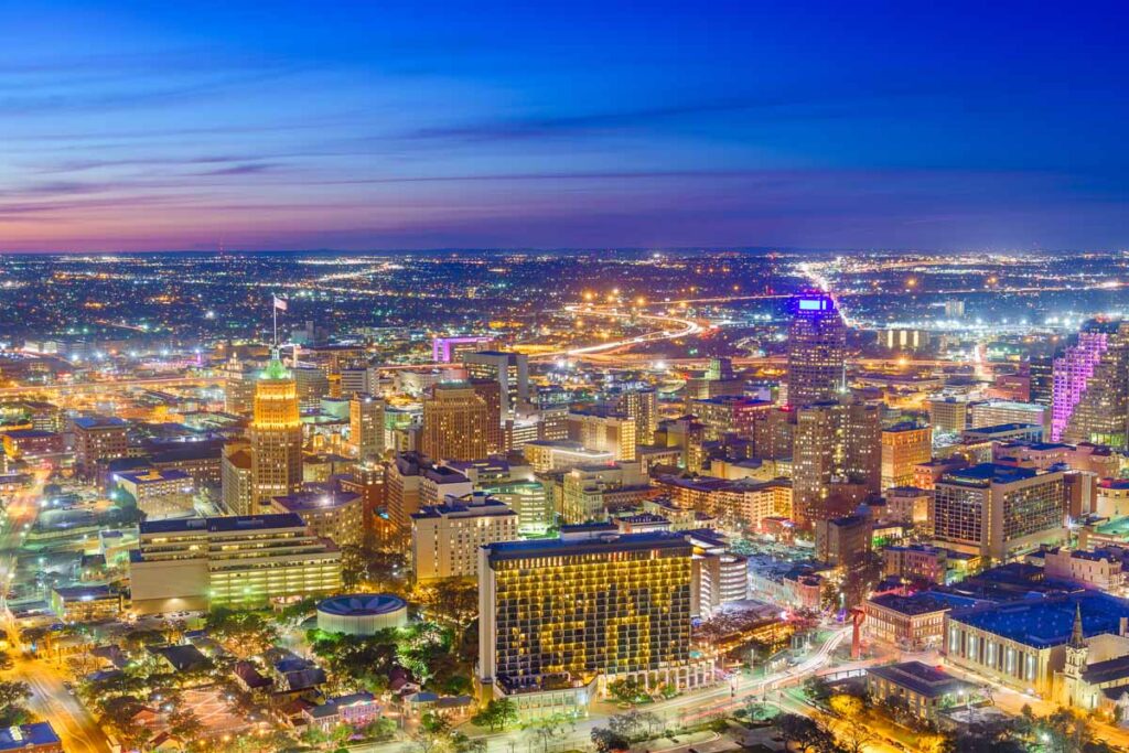 San Antonio, Texas, USA Skyline at dusk from above.