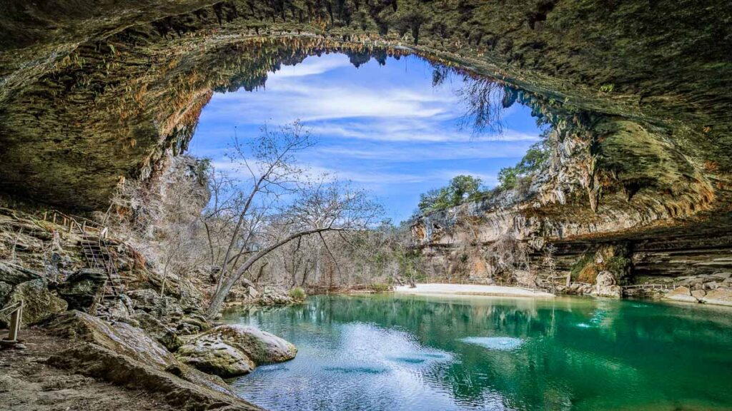 The panorama of the sinkhole at Hamilton Pool Preserve in Texas