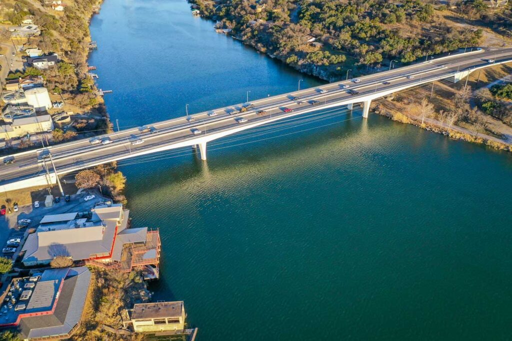 An aerial shot of the lake marble falls reservoir during the day