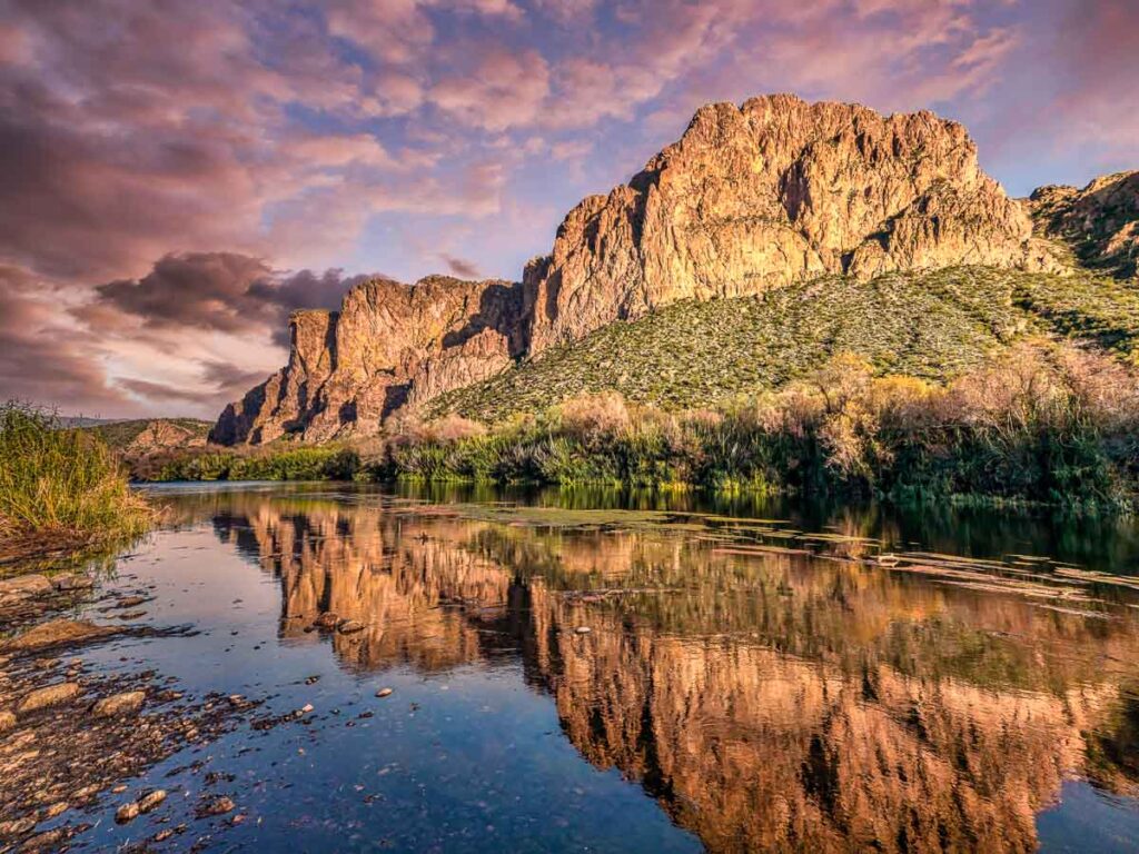 Sunset near the Bulldog Cliffs and Salt River in the Tonto National Forest near Phoenix, Arizona.