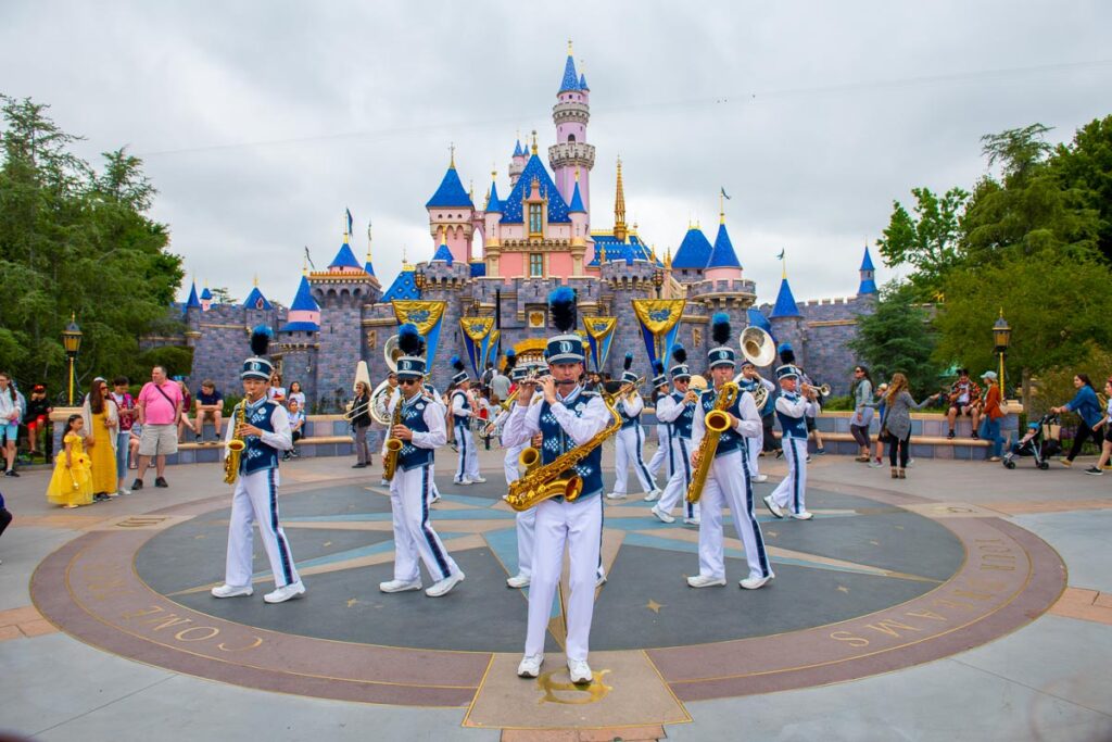 The marching band in front of Anaheim Disneyland Castle