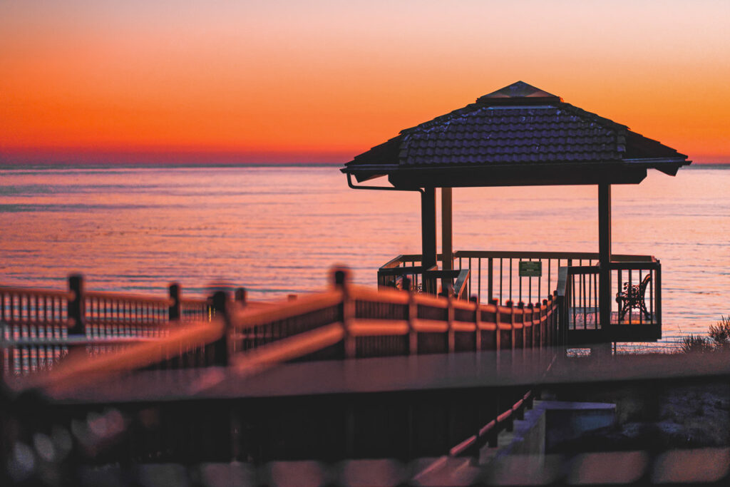 Ventana gazebo at sunset. Shore Cliff, Pismo Beach, California. View from Shore Cliff Hotel