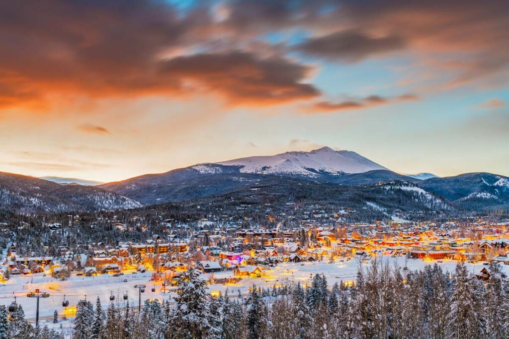 Breckenridge, Colorado, USA town skyline in winter at dawn.